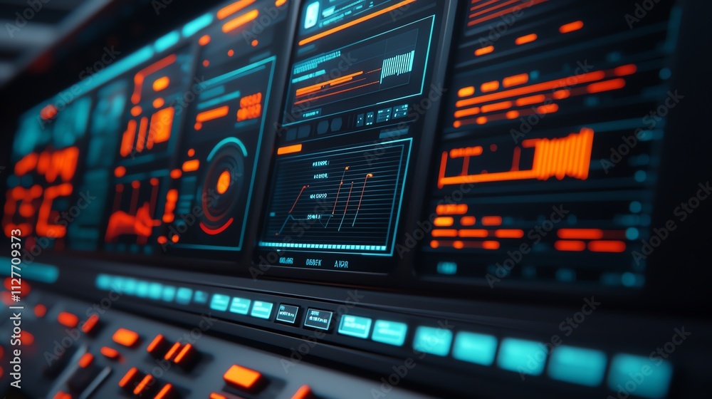 Futuristic control panel with glowing screens and intricate interfaces. Futuristic control panel with glowing screens and intricate interfaces.