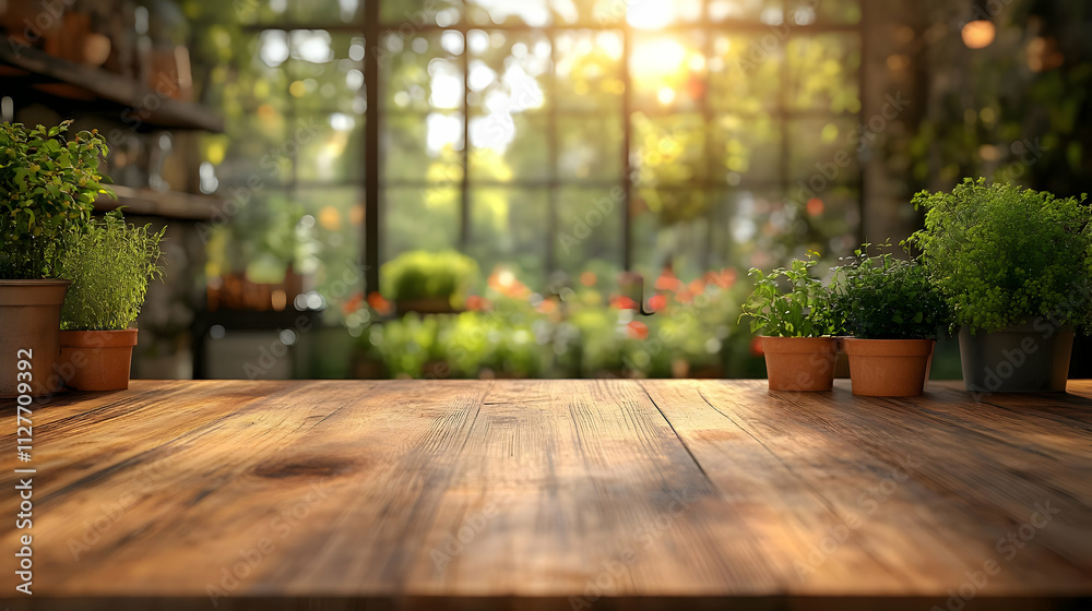 Sunlight Illuminates Wooden Table with Herbs in Pots, Greenhouse Setting Sunlight Illuminates Wooden Table with Herbs in Pots, Greenhouse Setting