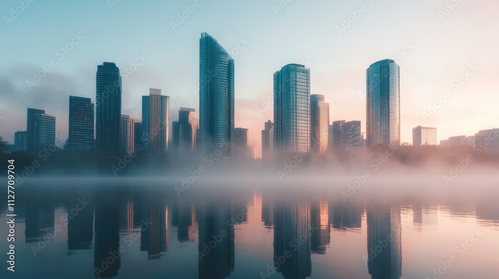 Fototapeta premium Modern skyscraper skyline reflecting in still water, crisp early morning,