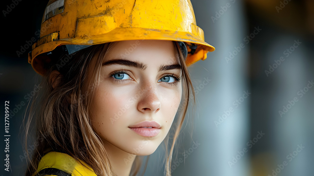 Woman Wearing Yellow Hard Hat, Construction Site Woman Wearing Yellow Hard Hat, Construction Site