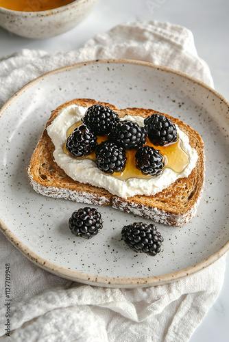 blackberry toast, cream cheese, honey drizzle, wholegrain bread, rustic breakfast, healthy toast, fresh berries, sweet flavor, crunchy topping, elegant plate, natural food, light snack, simple meal