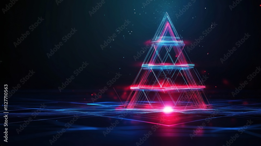 A digital representation of a glowing Christmas tree made of colorful lines and lights. A digital representation of a glowing Christmas tree made of colorful lines and lights.