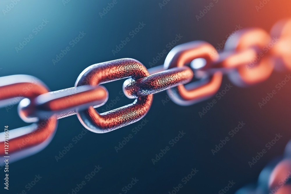 Close-up view of a metallic chain link against a dramatic background with vibrant colors. Close-up view of a metallic chain link against a dramatic background with vibrant colors.
