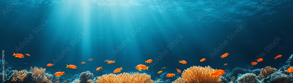 Fototapeta premium Colorful coral reef underwater scene with vibrant fish swimming in clear blue water.