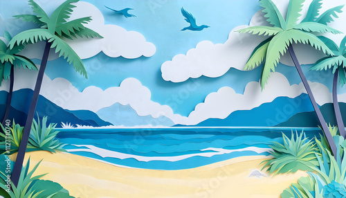 Tropical beach bay landscape with mountains in the distance in a paper cut style