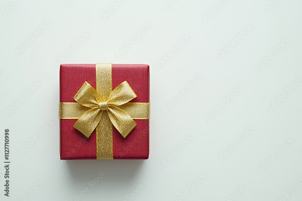 A red gift box with a gold ribbon on a white background without shadow. The concept of holiday photography. Copy space and front view A red gift box with a gold ribbon on a white background without shadow. The concept of holiday photography. Copy space and front view