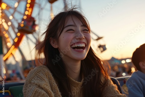 This delightful image captures a young girl's joyous laughter as she rides an amusement park attraction, embodying the pure essence of childhood happiness and freedom. photo