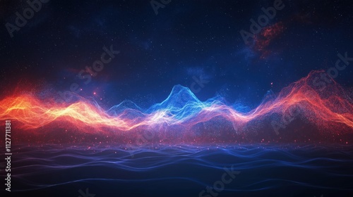 A vibrant abstract wave pattern with red, blue, and orange colors against a dark background.