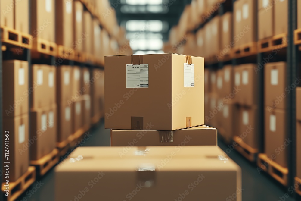 A focused image of cardboard boxes stacked in a warehouse setting. A focused image of cardboard boxes stacked in a warehouse setting.