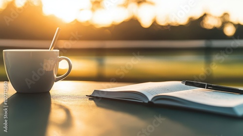 Practicing gratitude journaling at sunrise serene outdoor setting with coffee nature's peaceful ambiance reflective mindset for wellness