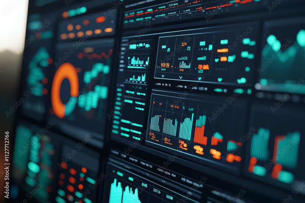 High-tech data analysis dashboard with vibrant graphs and digital statistics. High-tech data analysis dashboard with vibrant graphs and digital statistics.