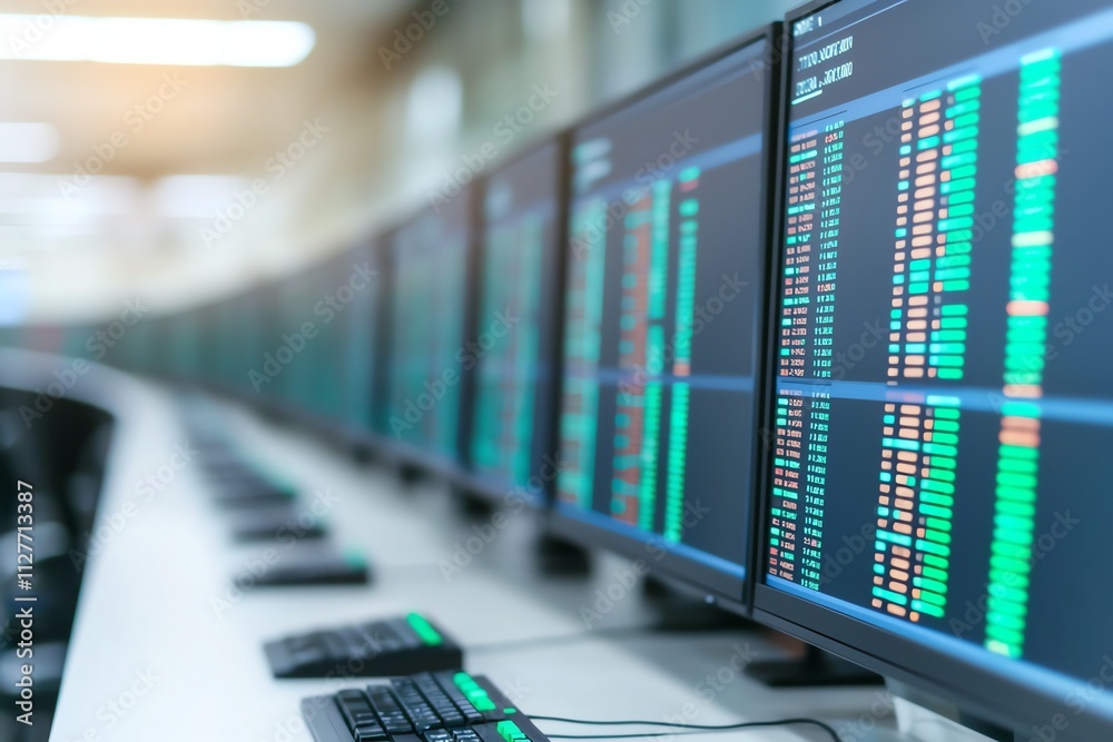 Multiple monitors displaying stock market data in a trading room environment. Multiple monitors displaying stock market data in a trading room environment.