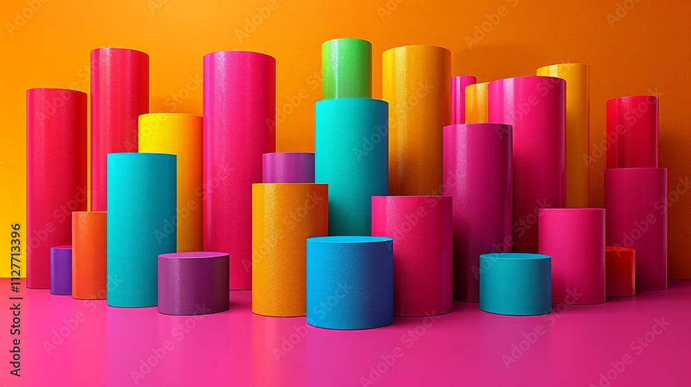 Colorful cylinders in a vibrant, abstract arrangement against a bright orange wall and pink floor. Colorful cylinders in a vibrant, abstract arrangement against a bright orange wall and pink floor.