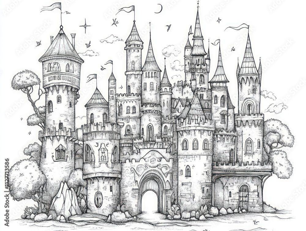 Intricate pen-and-ink drawing of a fairytale castle. Intricate pen-and-ink drawing of a fairytale castle.