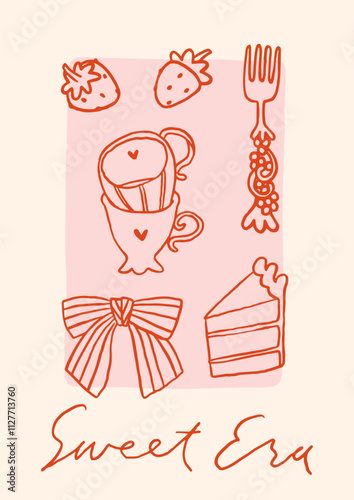 Valentines day girly fun poster or greeting card. Be mine lettering with tic tac toe game. Red and pink coquette core cute romantic vintage illustration. Whimsical retro valentine background 