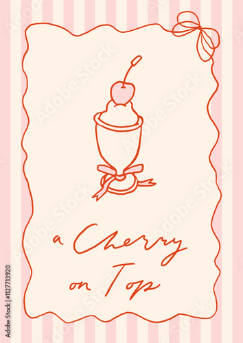 Valentines day girly fun poster or greeting card. Mon cheri lettering, milkshake with cherry on top. Red, pink coquette core cute romantic vintage illustration. Whimsical retro valentine background 