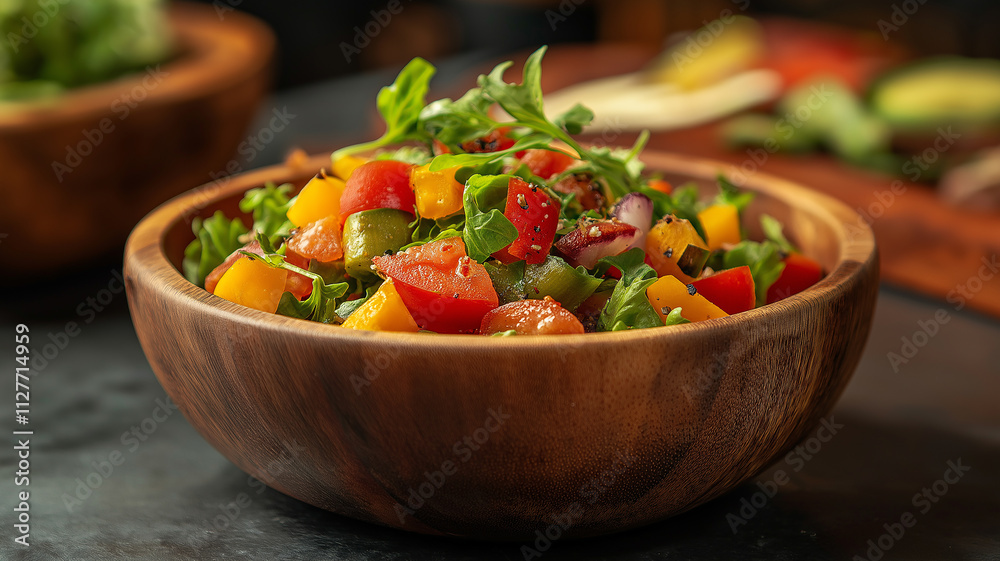 Fresh Mango and Tomato Salad in Wooden Bowl. Healthy and Delicious Summer Dish.