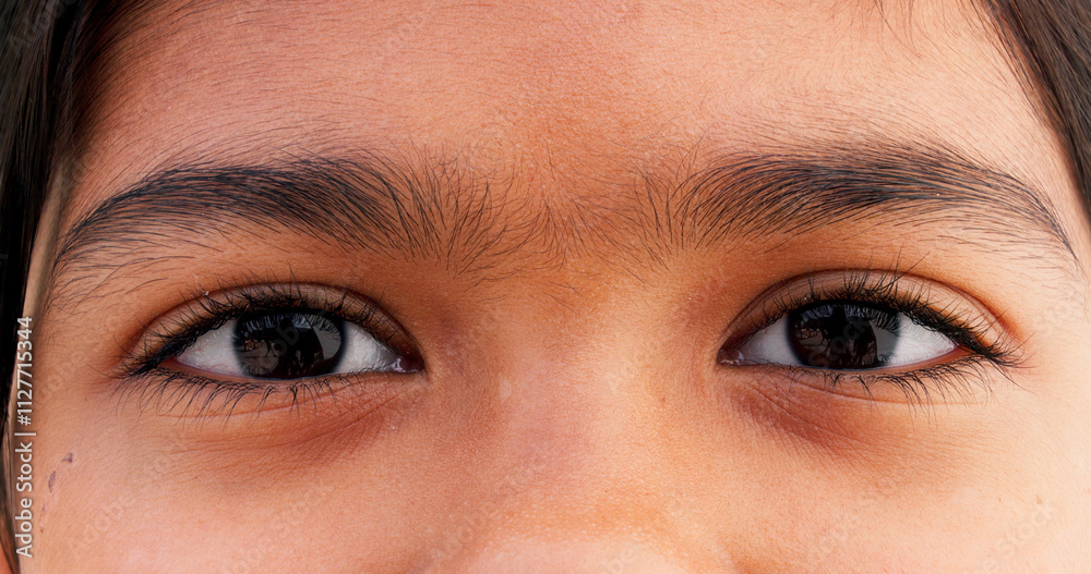 Obraz premium Optometry, closeup and eyes of child for optical, care and eyesight improvement for healthcare. Ophthalmology, face and portrait of young girl kid with vision wellness awareness for visual lens.
