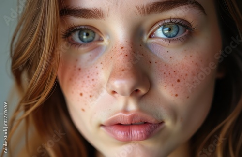 Close-up view of young woman face. Girl freckles. Light makeup. Natural beauty. Direct gaze. Calm expression. Focus on skin details. Youthful, pretty. Natural makeup style. Skin texture visible.