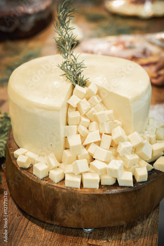 Cheese sliced. Decorated cheese, festive food on wooden table. Expensive and modern restaurant