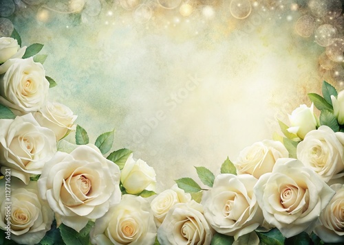 Elegant Border of White Roses on Vintage Background for Card Design, Perfect for Text or Photo Insert, Ideal for Invitations, Announcements, or Personal Messages