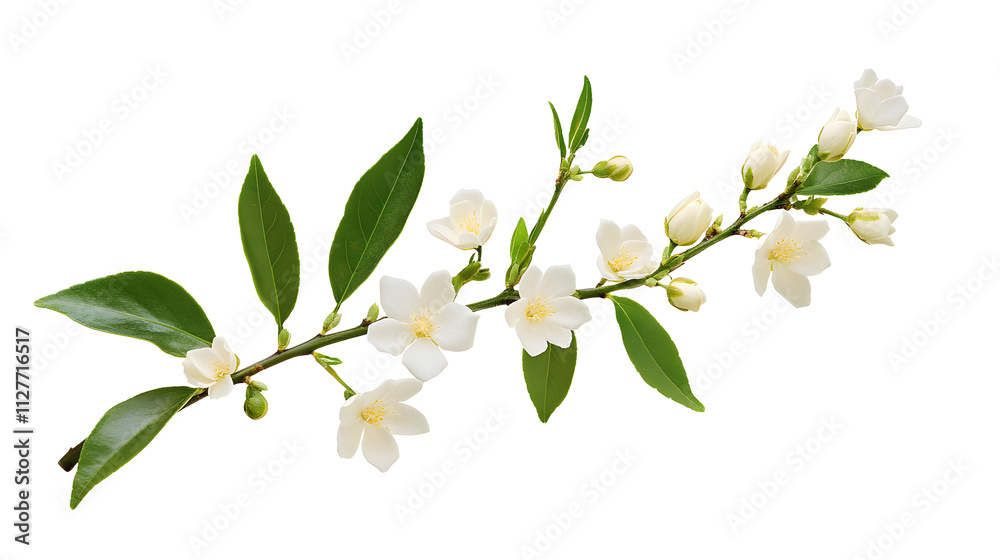 Fototapeta premium Beautiful twig of Jasmine (Philadelphus) buds and leaves isolated on white or transparent background