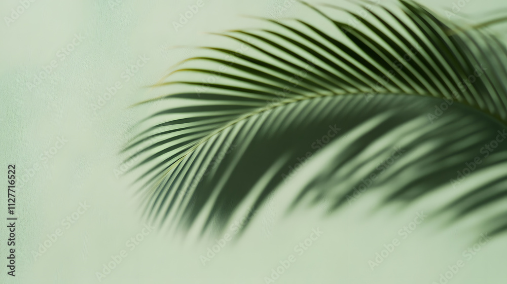 Obraz premium Palm leaf shadow on a green wall background. Olive color stylish flat lay with trendy shadow and sun light.
