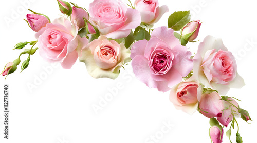 Pink rose and eustoma flowers in a corner floral arrangement isolated on white or transparent background