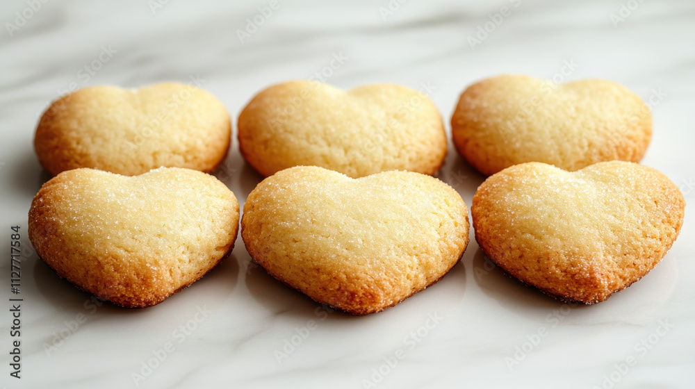 Delicious heart shaped cookies arranged in neat row, showcasing their golden brown edges and soft texture. Perfect for celebrations or as sweet treat Delicious heart shaped cookies arranged in neat row, showcasing their golden brown edges and soft texture. Perfect for celebrations or as sweet treat