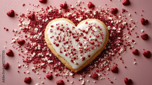 Heart shaped cookie with glaze surrounded by red and white sprinkles, perfect for celebrations. This delightful treat adds sweet touch to any occasion