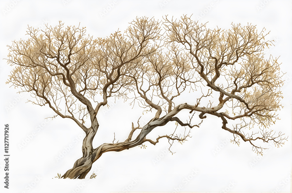 A minimalist tree with intricate branches on a white background, symbolizing growth and simplicity. Generative AI