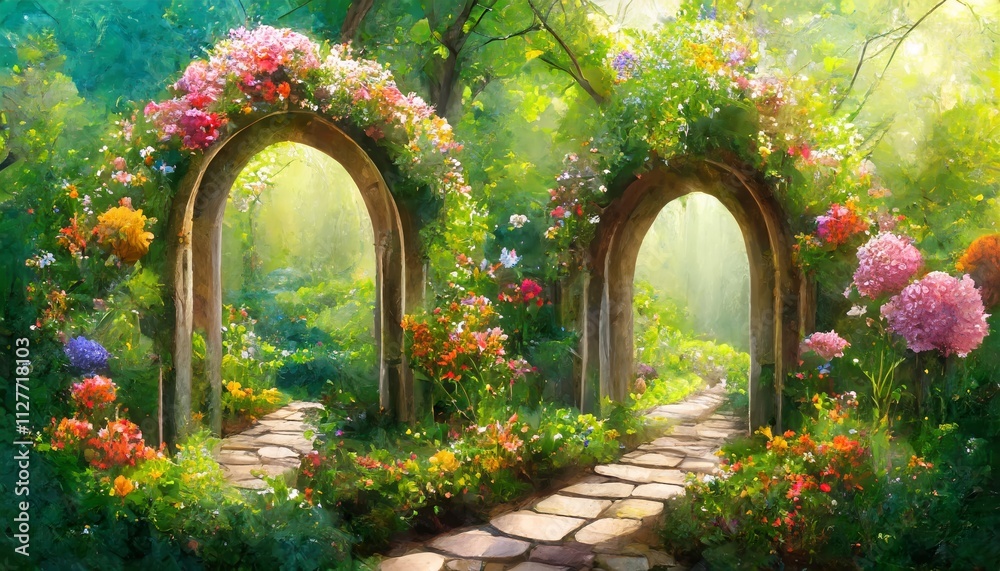 A Beautiful Secret Fairytale Garden with Enchanting Flower Arches and Vibrant Colorful Greenery, Inviting You to Explore a World of Natural Wonder and Imagination in Digital Art A Beautiful Secret Fairytale Garden with Enchanting Flower Arches and Vibrant Colorful Greenery, Inviting You to Explore a World of Natural Wonder and Imagination in Digital Art