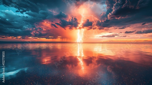 Dramatic Sunset Lightning Storm Ocean Reflection photo