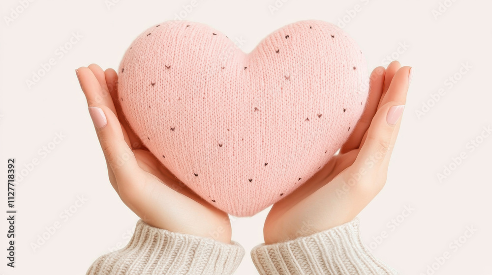 Fototapeta premium soft pink heart held gently in hands, symbolizing love and care. cozy texture and warm colors evoke feelings of comfort and affection, perfect for expressing emotions