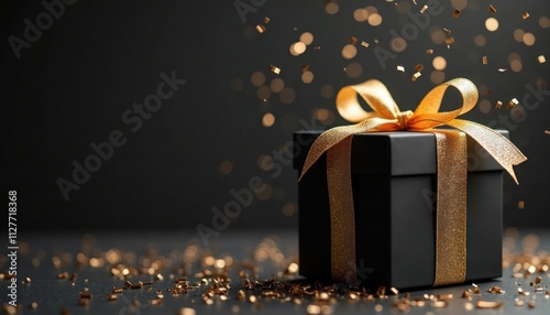 Elegant black gift box with golden ribbon and falling confetti. Luxurious present on a dark background. Celebration or special occasion theme. Perfect for showcasing high-end products or gifts. photo