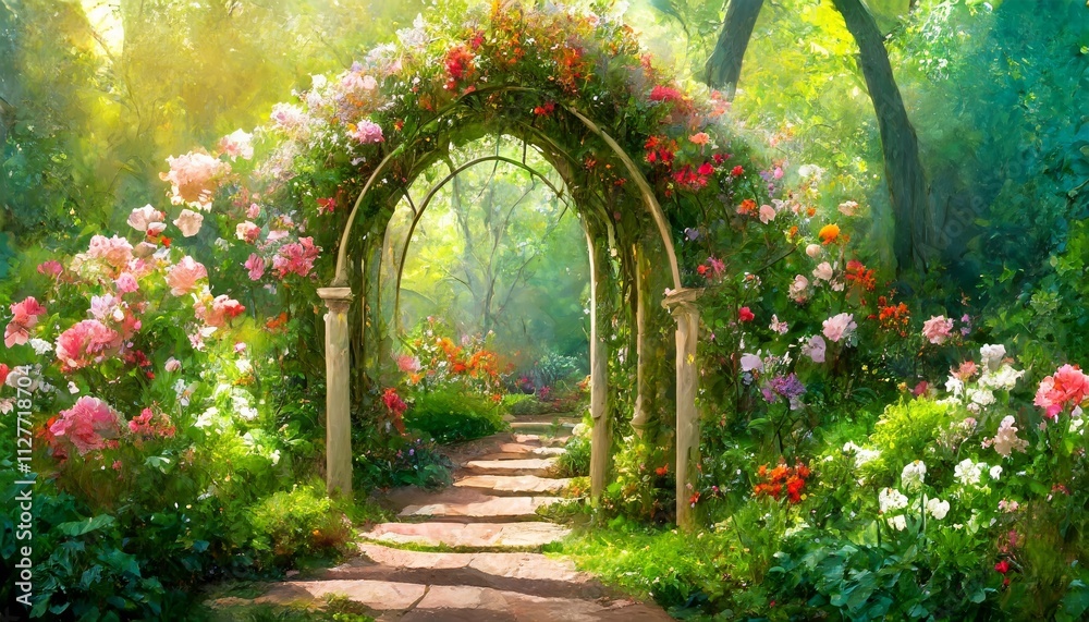 A Beautiful Secret Fairytale Garden with Enchanting Flower Arches, Lush Colorful Greenery, and Magical Pathways Creating an Unforgettable Digital Painting Experience A Beautiful Secret Fairytale Garden with Enchanting Flower Arches, Lush Colorful Greenery, and Magical Pathways Creating an Unforgettable Digital Painting Experience