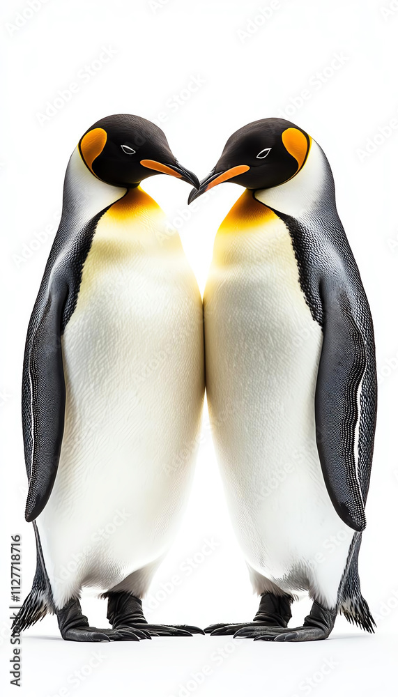 Fototapeta premium Two adorable emperor penguins standing closely, showcasing their unique markings and vibrant colors.