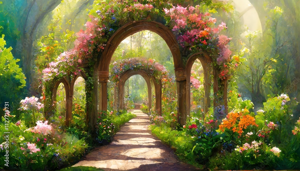 A Beautiful Secret Fairytale Garden with Flower Arches and Colorful Greenery: A Digital Painting Capturing the Enchantment of Natures Splendor in a Whimsical Setting A Beautiful Secret Fairytale Garden with Flower Arches and Colorful Greenery: A Digital Painting Capturing the Enchantment of Natures Splendor in a Whimsical Setting