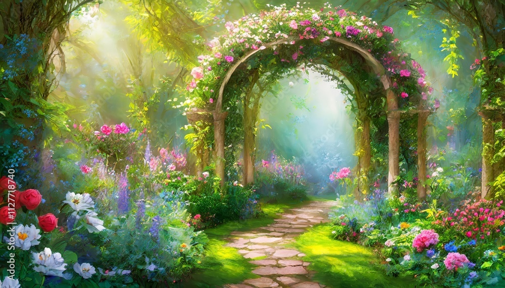 A Beautiful Secret Fairytale Garden with Enchanting Flower Arches and Lush Colorful Greenery, Captured in a Stunning Digital Painting that Invites Imagination and Dreamy Escapes. A Beautiful Secret Fairytale Garden with Enchanting Flower Arches and Lush Colorful Greenery, Captured in a Stunning Digital Painting that Invites Imagination and Dreamy Escapes.