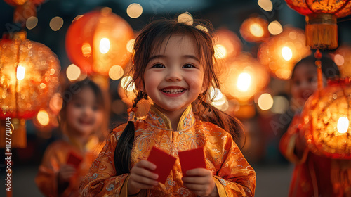 A joyful girl in traditional Chinese attire holds red envelopes amidst glowing lanterns, celebrating festive occasion