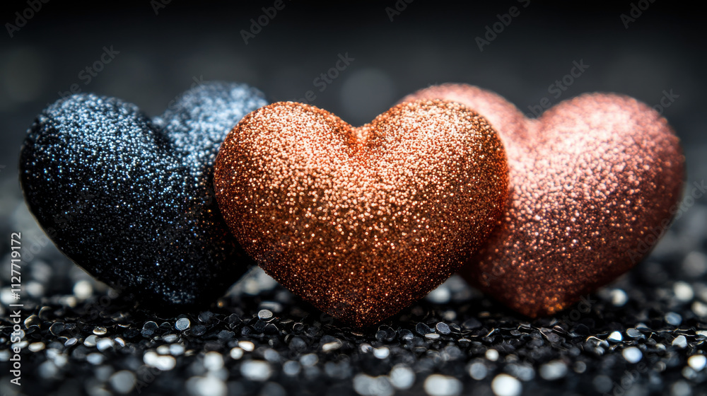 Obraz premium Glittering hearts in black, gold, and rose gold colors create stunning visual on sparkling background, perfect for celebrations and romantic occasions