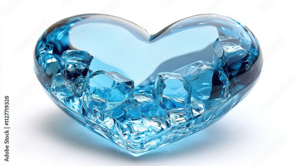 turquoise heart shaped glass object filled with ice cubes, creating refreshing and cool appearance. This artistic piece adds unique touch to any decor turquoise heart shaped glass object filled with ice cubes, creating refreshing and cool appearance. This artistic piece adds unique touch to any decor