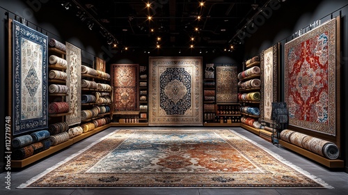 Luxurious rug showroom interior with diverse carpets on display.
