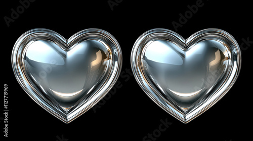 Shiny silver hearts isolated on black background, symbolizing love and affection. Their reflective surfaces create captivating visual effect, perfect for romantic themes