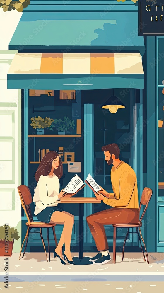 Fototapeta premium Couple Enjoying Coffee Shop Reading Together