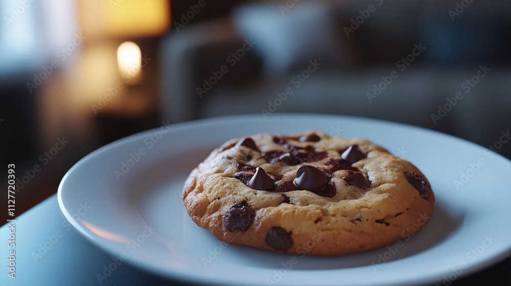 A freshly baked chocolate chip cookie on a white plate, with soft chocolate chips. A freshly baked chocolate chip cookie on a white plate, with soft chocolate chips.