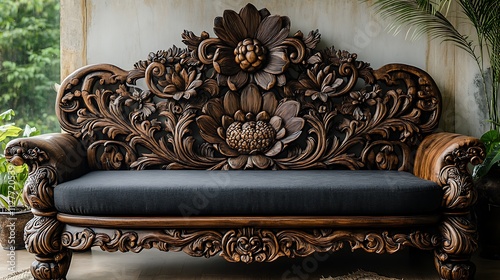 Ornate Hand Carved Wooden Sofa  Luxury Furniture  Intricate Floral Design photo