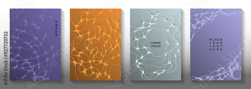 Big data cloud idea abstract vector covers. Complex curve lines meshwork textures. Modern title page vector templates. Radio physics cover pages graphic design set.