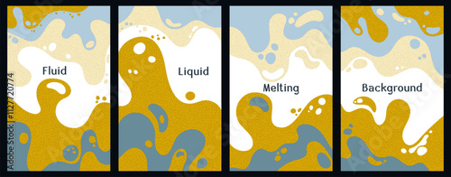 Melting colorful waves pattern summer banners. Bubble splashes and streams vector templates set. Fluid liquid flowing paint patterns. Wavy surface posters. Liquid bubbles, melting shapes