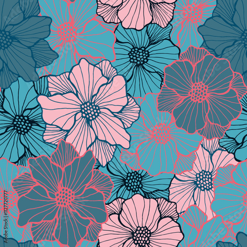 Beautiful rose flower endless sample. Hand drawn bouquet background. Rose blo...